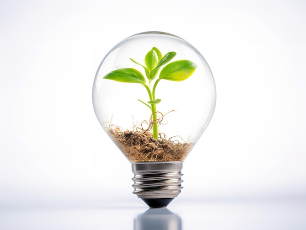 Bombilla con planta que crece dentro de la innovación y el crecimiento aislado en fondo blanco generado por IA