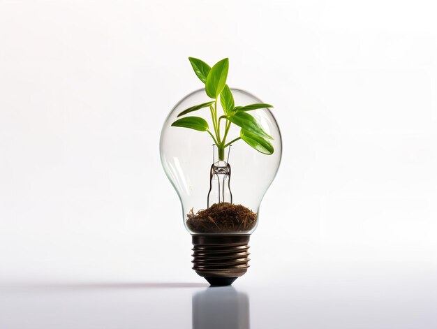 Foto bombilla con planta que crece dentro de la innovación y el crecimiento aislado en fondo blanco generado por ia