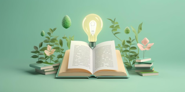 Bombilla con plantas en un libro abierto Volviéndose inteligente e inteligente a partir de un libro de lectura creado con Ai