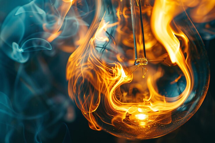 Bombilla que emite humo naranja caliente con un telón de fondo de humo azul
