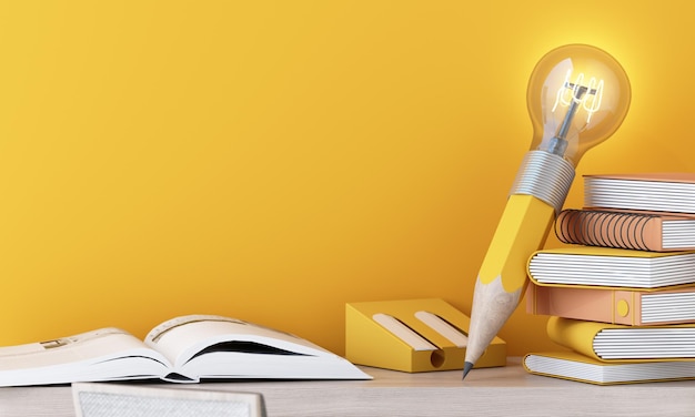 bombilla con rayos brillantes con libro aprendizaje estilo de dibujos animados papelería símbolo de la creatividad garabateos concepto innovación inspiración invención e idea renderización 3D en fondo amarillo