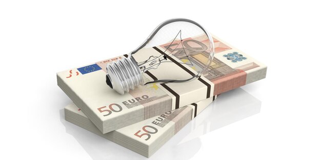 Bombilla de renderizado 3d en la pila de billetes de 50 euros