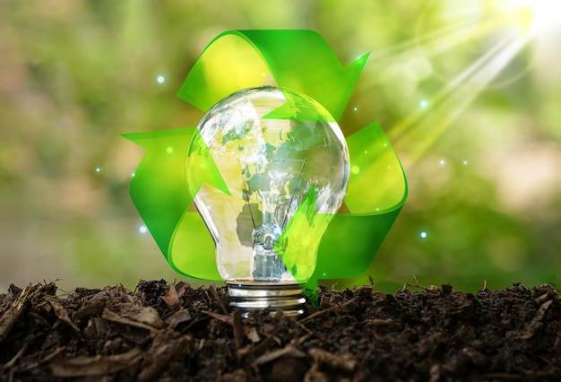 Bombilla con el símbolo de reciclaje del globo terrestre en el suelo y la luz del sol en el fondo del jardín verde Fuentes de energía solar idea para renovablesConcepto de ahorro de energía en la naturalezaDía Mundial del Medio Ambiente