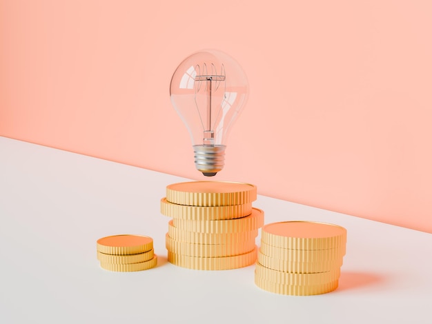 bombilla sobre una pila de monedas de oro sobre un fondo bicolor rojo y blanco representación 3d