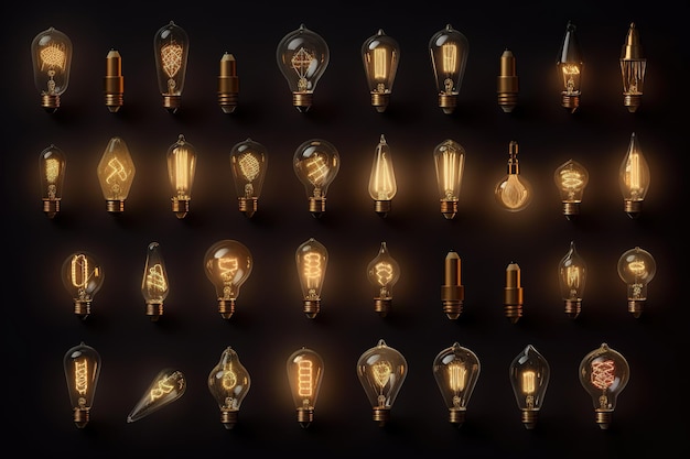 Bombillas decorativas antiguas de estilo Edison con diferentes ilustraciones generativas de IA