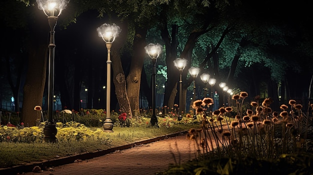 Bombillas de fondo en el parque brillando en la noche