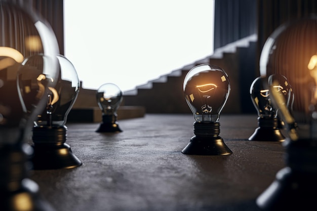 Bombillas de luz de ajedrez abstractas colocadas en una superficie de hormigón con escaleras y un lugar simulado blanco borroso en el fondo Energía de la idea y decoración retro Representación 3D