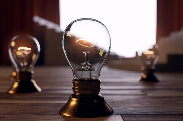 Bombillas de luz de ajedrez abstractas colocadas en una superficie de madera con escaleras y un lugar de maqueta blanco borroso en el papel pintado Energía de la idea y decoración retro Representación 3D