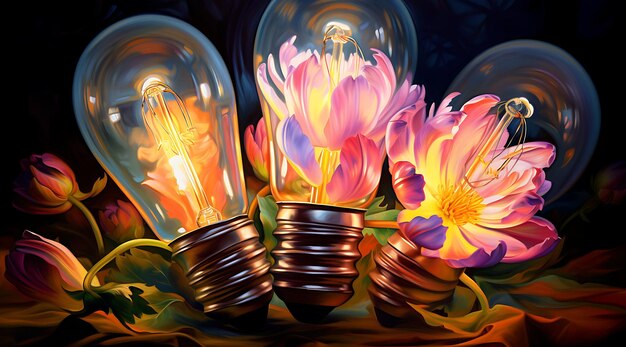 Foto bombillas de luz de arte flor 3d ia generativa