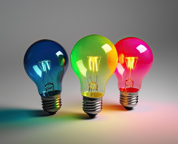 Bombillas de luz de colores sobre un fondo claro Concepto de ideas brillantes IA generativa