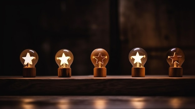 Foto bombillas de luz de madera con estrellas en forma de estrella sobre un fondo de madera ai generativo