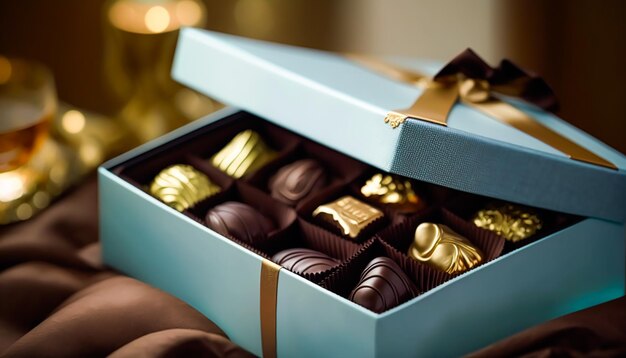 Foto bombones y bombones de chocolate en una caja de regalo como regalo de vacaciones de lujo ai generativo posprocesado