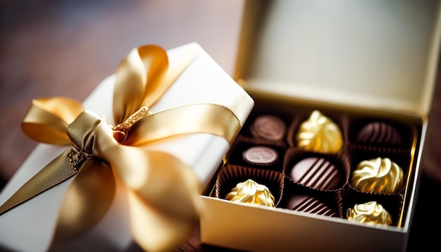 Bombones y bombones de chocolate en una caja de regalo como regalo de vacaciones de lujo ai generativo