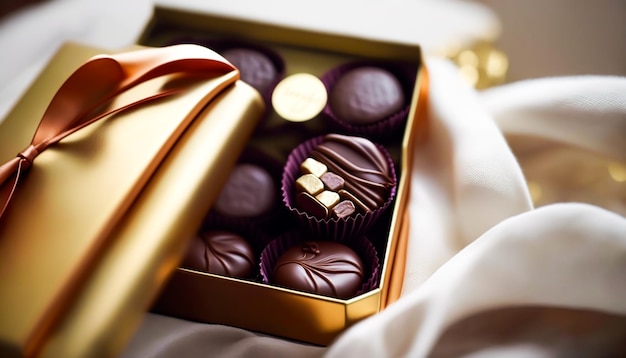 Bombones y bombones de chocolate en una caja de regalo como regalo de vacaciones de lujo ai generativo