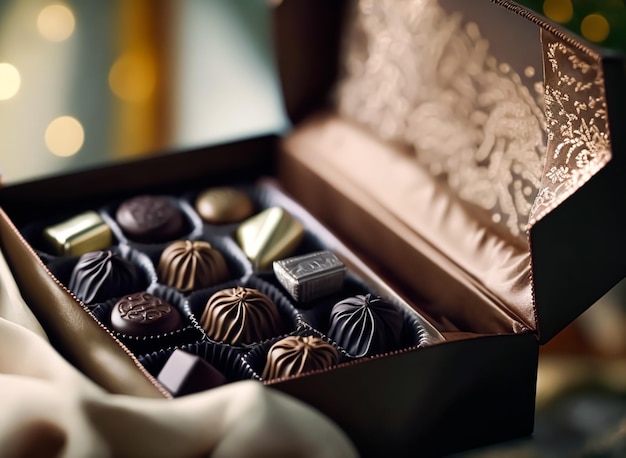 Foto bombones y bombones de chocolate en una caja de regalo como regalo de vacaciones de lujo ai generativo