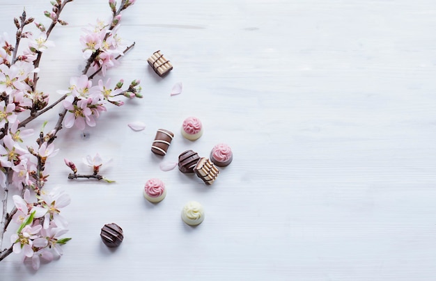 Foto bombones de chocolate fino y brunch de flor de almendro