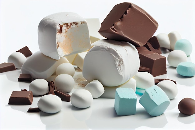 Bombons de chocolate com marshmallows e pedaços de chocolate em branco backgroundgenerative ai