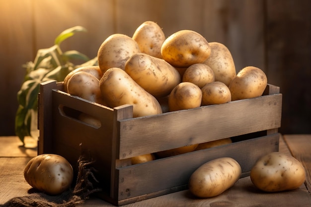 Bondade caseira, uma imagem de batatas maduras em uma caixa de madeira feita por IA generativa