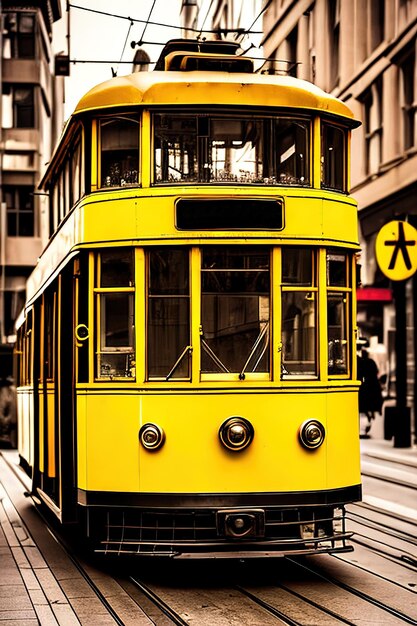 Foto bonde vintage amarelo nas ruas de uma cidade moderna ai gerou ilustração