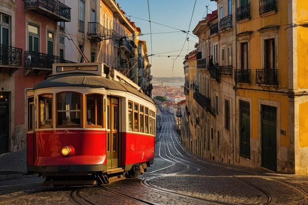 Foto bonde vintage ao pôr-do-sol em lisboa