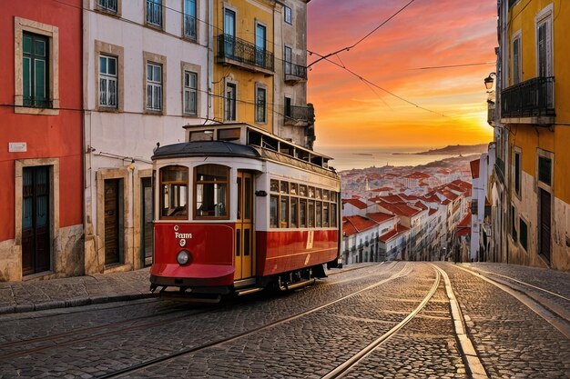 Bonde vintage ao pôr-do-sol em Lisboa