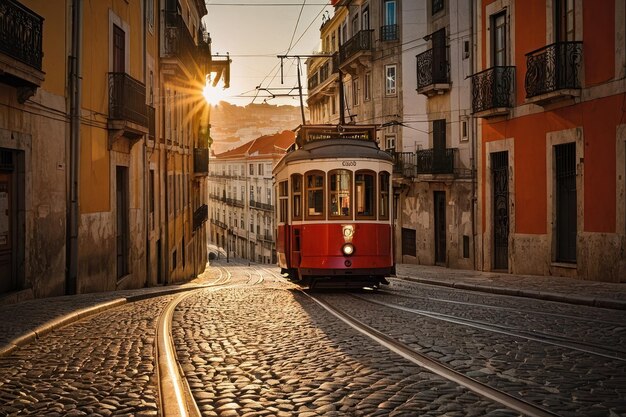 Foto bonde vintage ao pôr-do-sol em lisboa