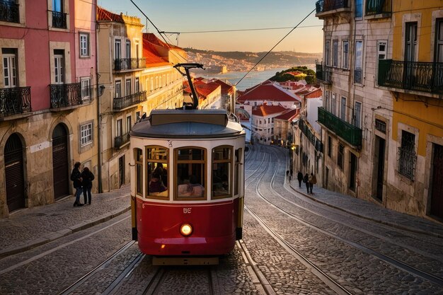 Foto bonde vintage ao pôr-do-sol em lisboa