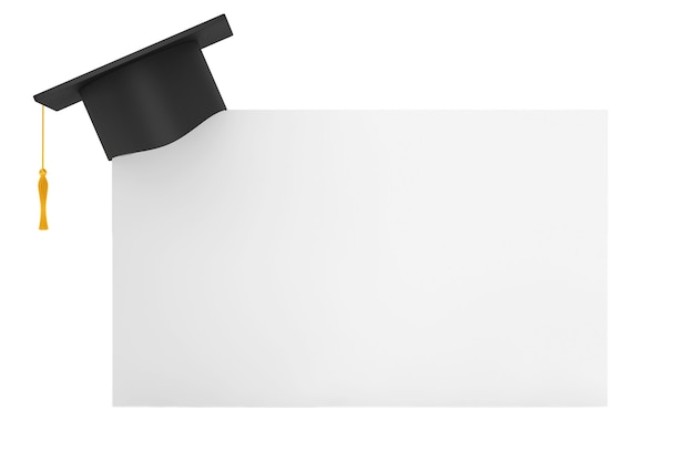 Boné acadêmico de graduação com papel em branco em um fundo branco