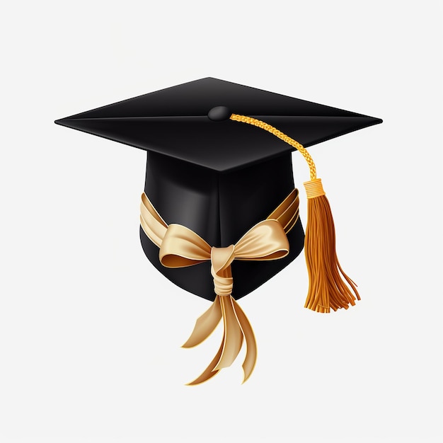 Foto boné de formatura de estudante com borla dourada e fita em fundo branco