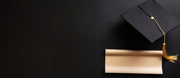 boné de formatura preto com uma borla dourada contra um fundo liso