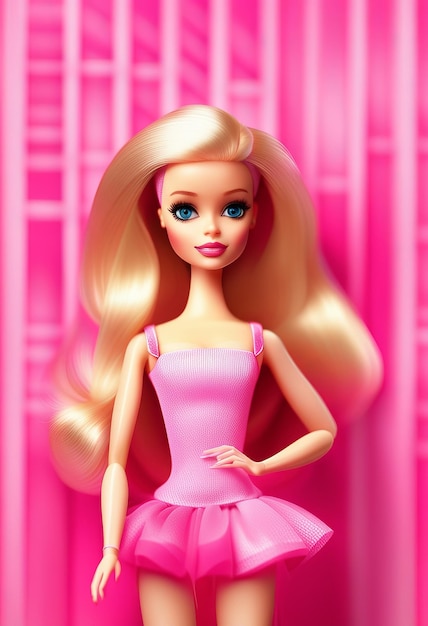 Foto boneca ai generativa com retrato de boneca barbie de cabelo loiro em uma ilustração de fundo rosa