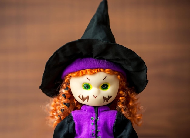 Boneca assustadora de Halloween com chapéu de bruxa