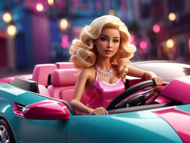 Boneca Barbie a conduzir um carro