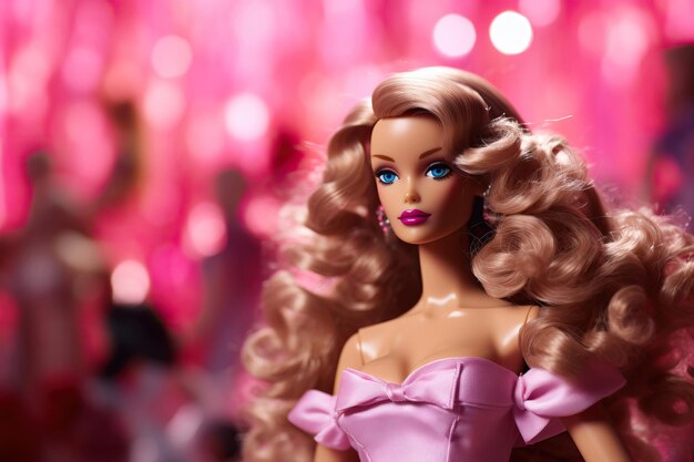 Foto boneca barbie com cabelo rosa e vestido rosa