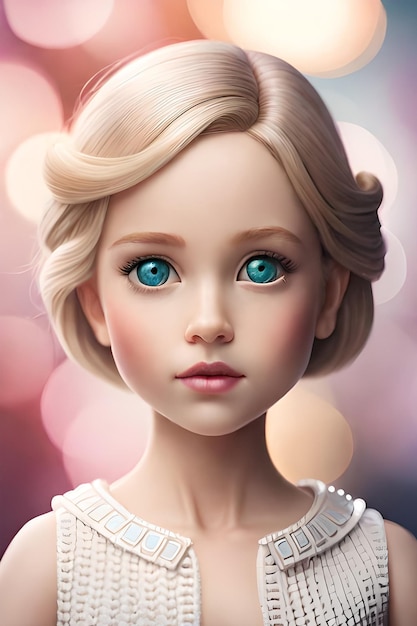 Boneca Barbie com olhos azuis e um vestido rosa