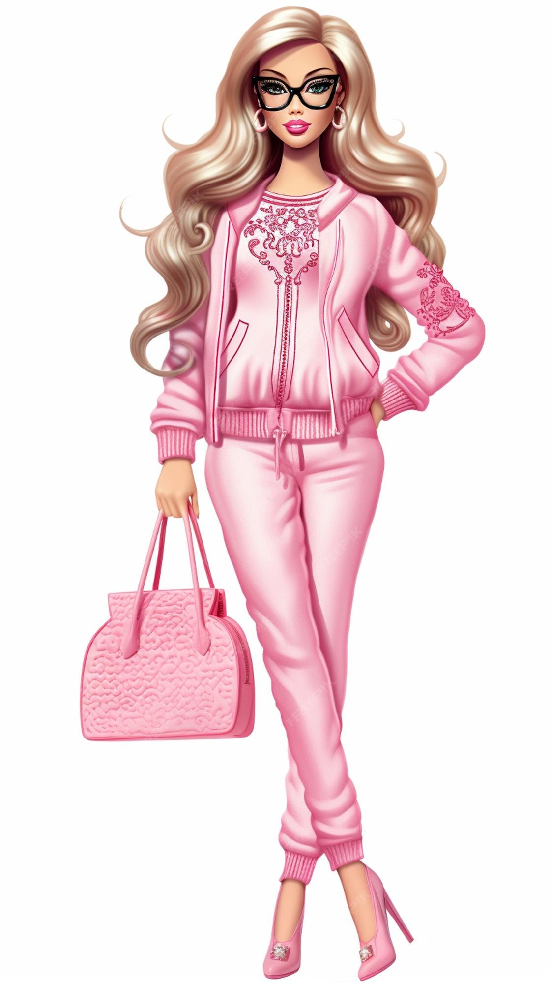 Boneca barbie com roupa rosa com bandana rosa e sapatos rosa generative ai