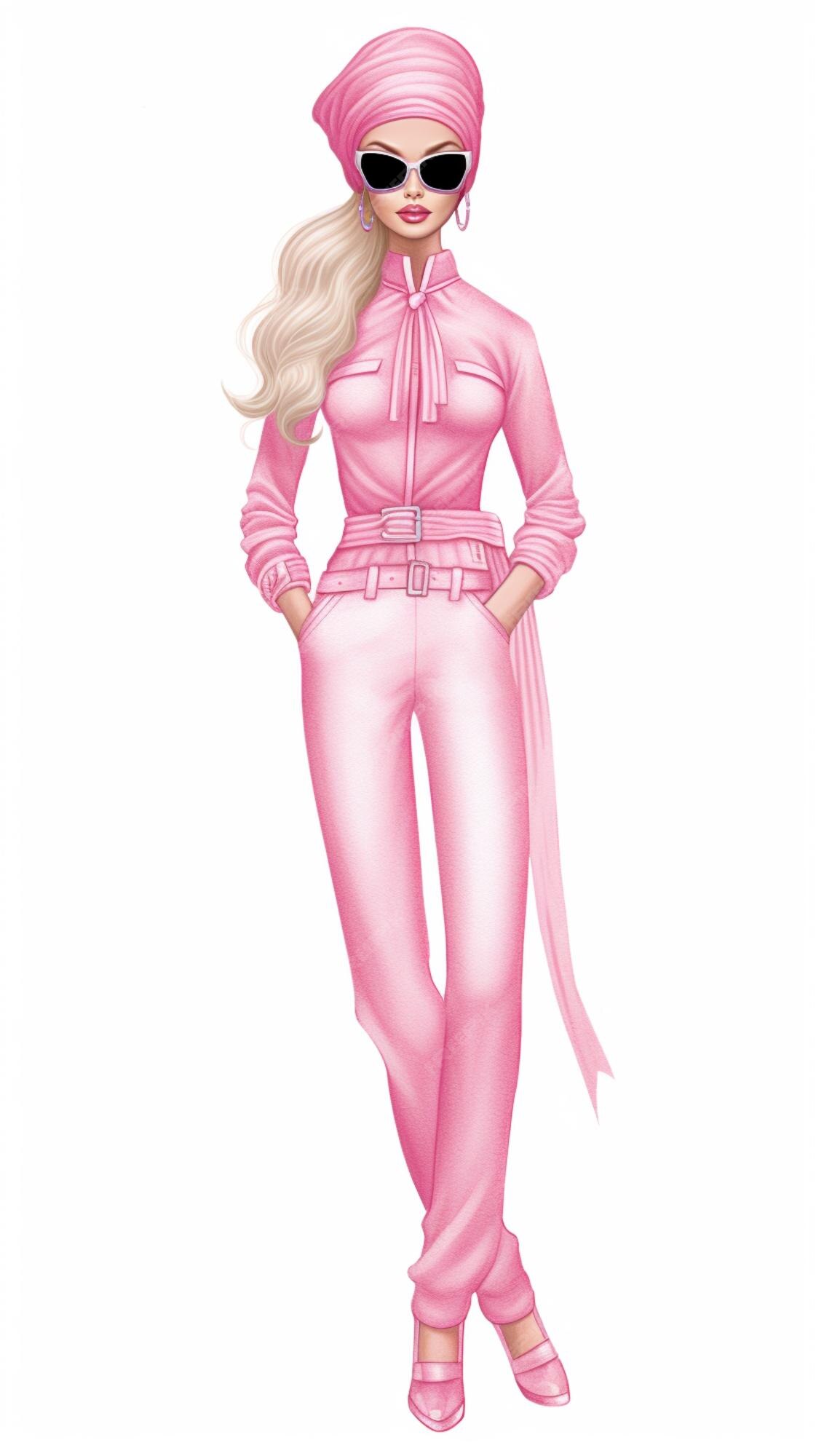 Boneca barbie com roupa rosa com bandana rosa e sapatos rosa generative ai