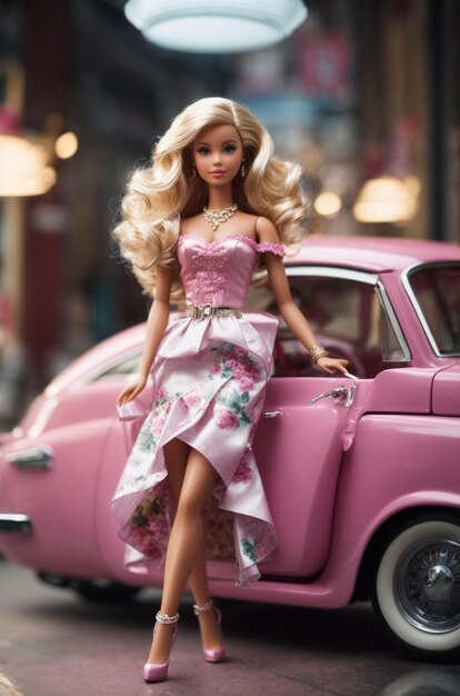 boneca Barbie com um carro rosa