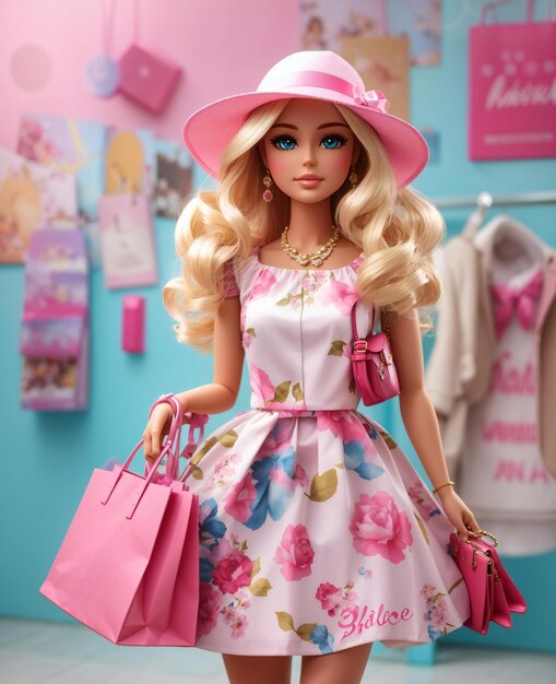 Foto boneca barbie com um saco rosa e saco rosa