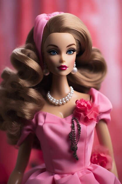 Foto boneca barbie com um vestido rosa e pérolas