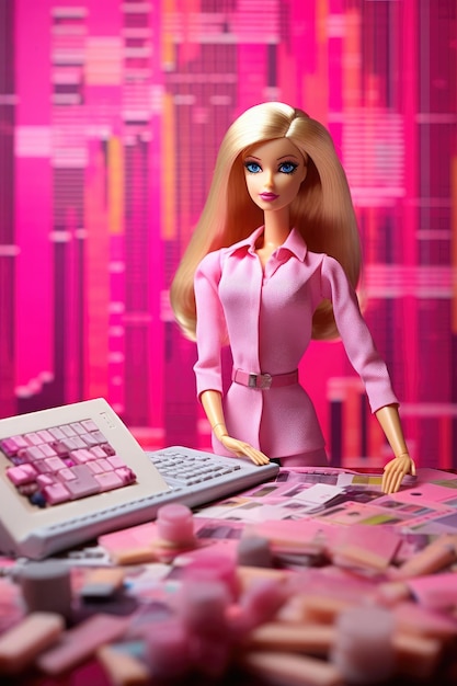 Foto boneca barbie em estilo profissional analista de dados de negócios fato de negócios no trabalho