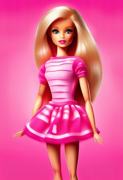 Foto boneca barbie em roupa da moda ilustração de fundo rosa