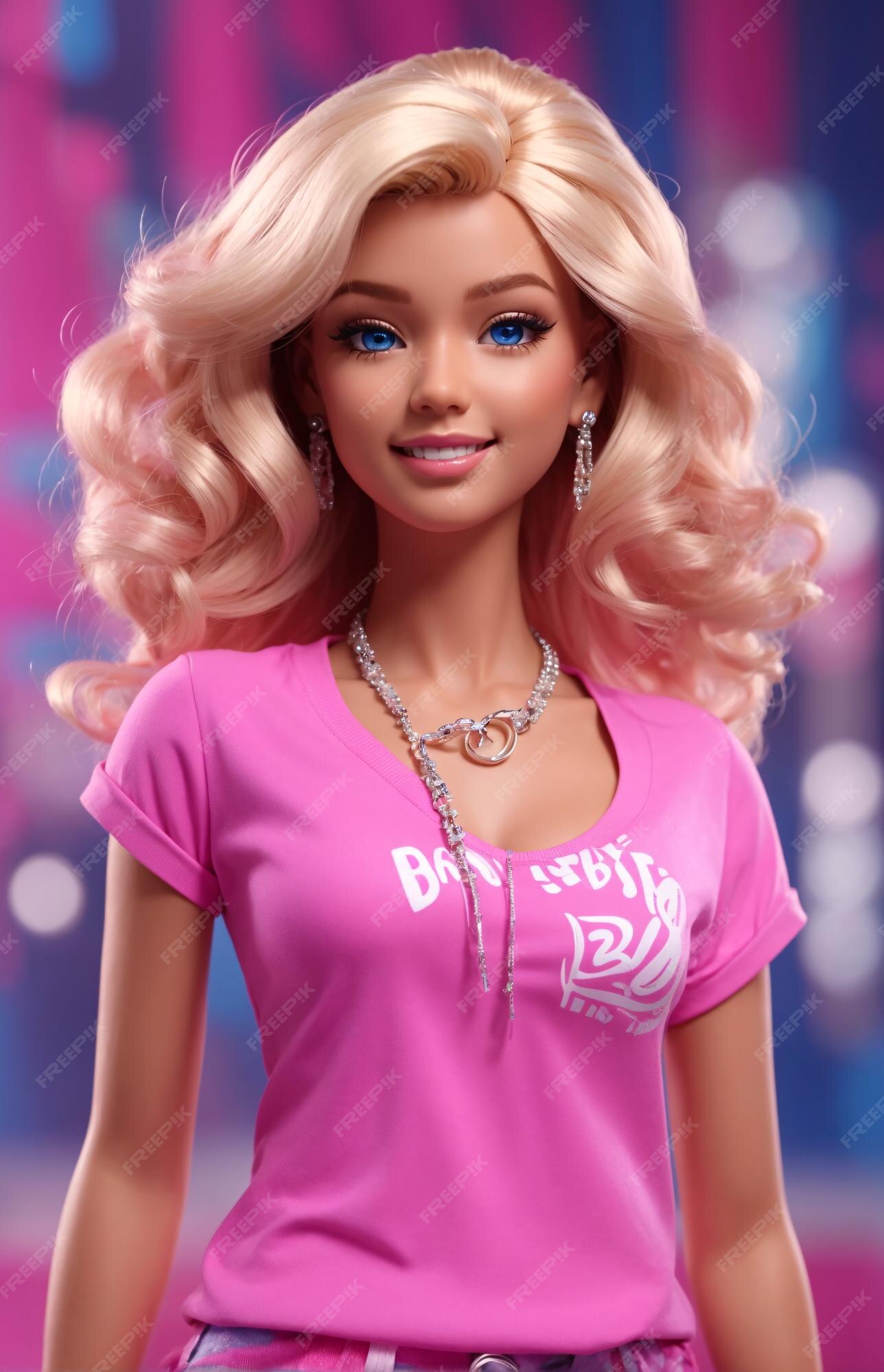 Cabelo loiro da boneca barbie usando roupa rosa estilo hip hop no