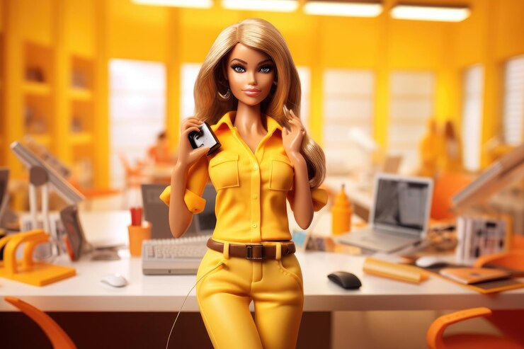 Foto boneca barbie em roupas de negócios amarelas trabalha no escritório