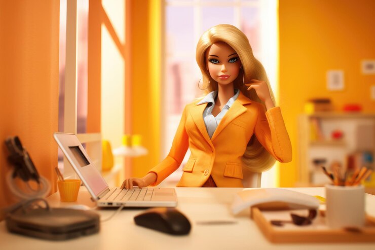 Foto boneca barbie em roupas de negócios amarelas trabalha no escritório