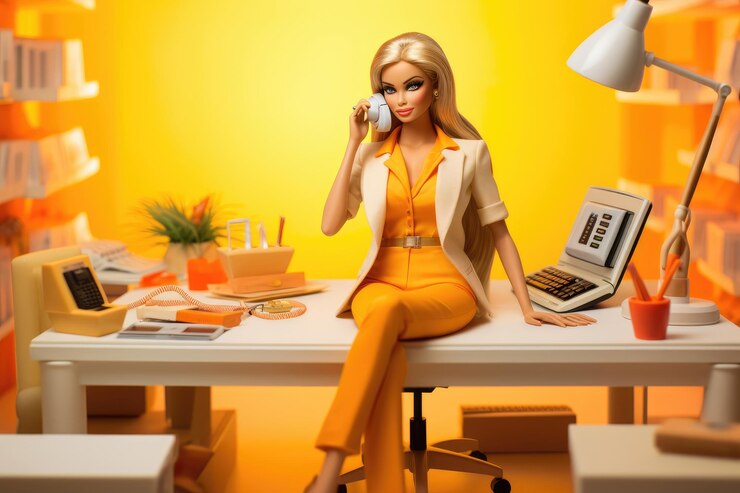Foto boneca barbie em roupas de negócios amarelas trabalha no escritório