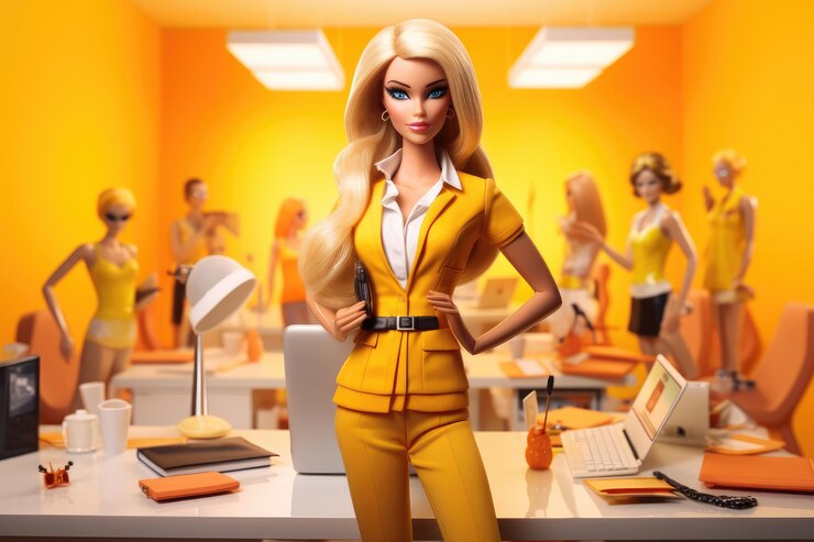 Foto boneca barbie em roupas de negócios amarelas trabalha no escritório