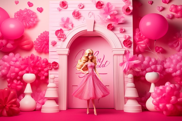 Foto boneca barbie em vestido rosa de pé na frente de uma parede rosa com balões generativo ai