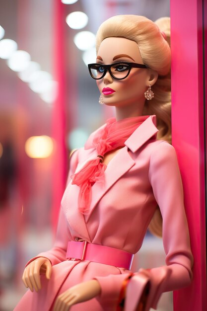 Foto boneca barbie rosa com óculos na loja prada no estilo de foto de alta qualidade altamente detalhada