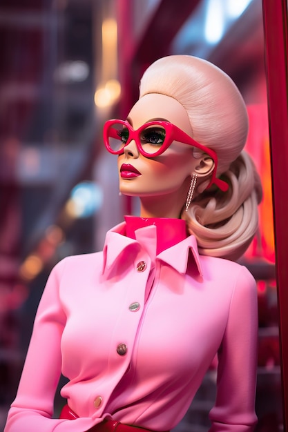 Foto boneca barbie rosa com óculos na loja prada no estilo de foto de alta qualidade altamente detalhada